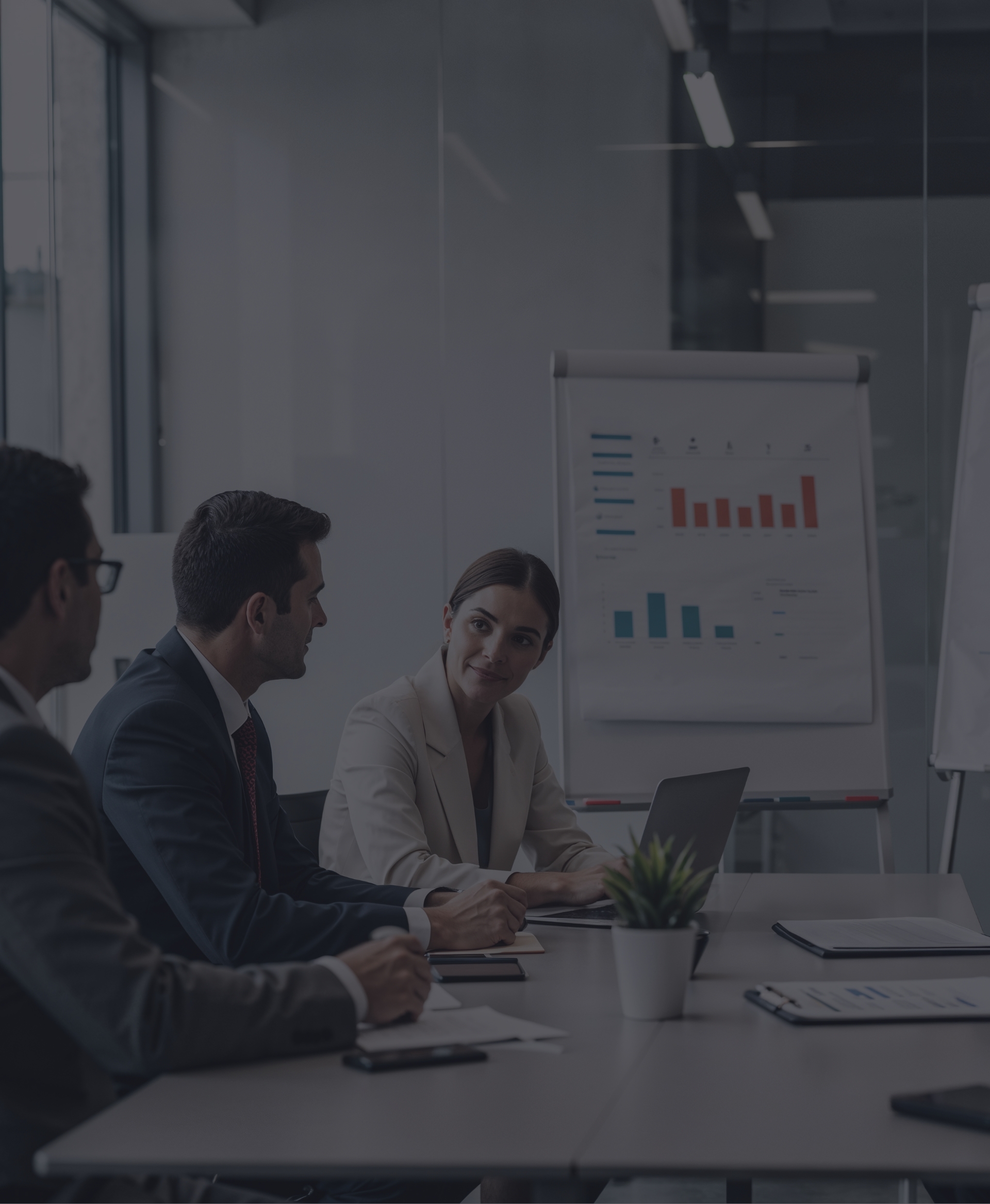 Business Meeting im Büro mit Präsentation von Analysen auf Flipchart